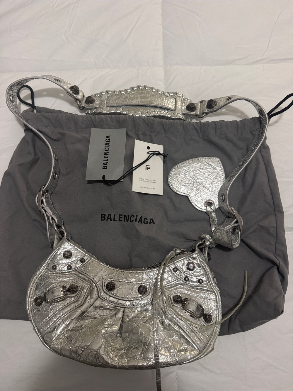 Balenciaga Silver Crinkled Metallic Shoulder Bag with Heart Charm